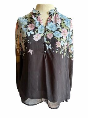 Black Floral High-Neck Blouse with Pink & Blue Blooms